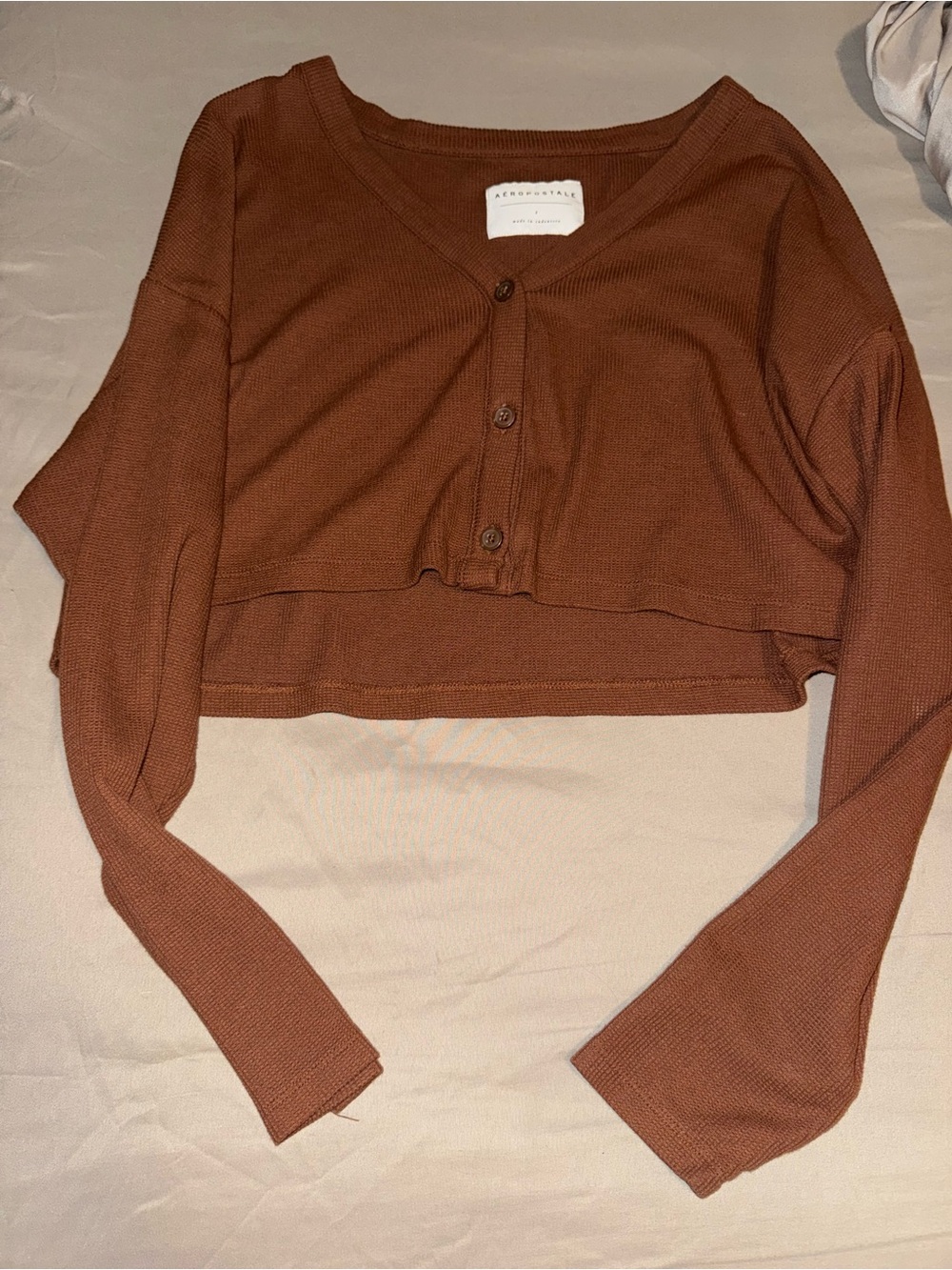 aerie Cropped Button-Front Long Sleeve Top - Rust Brown